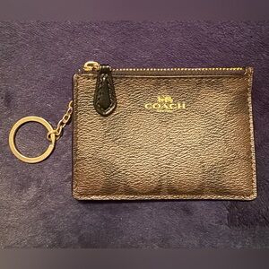 Coach Black Pebbled Leather Zip Card Case with Gold Logo & Key Ring